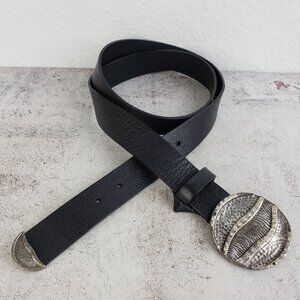 Vintage Chico's Genuine Leather Belt Engraved Buckle Rhinestones Black Boho L